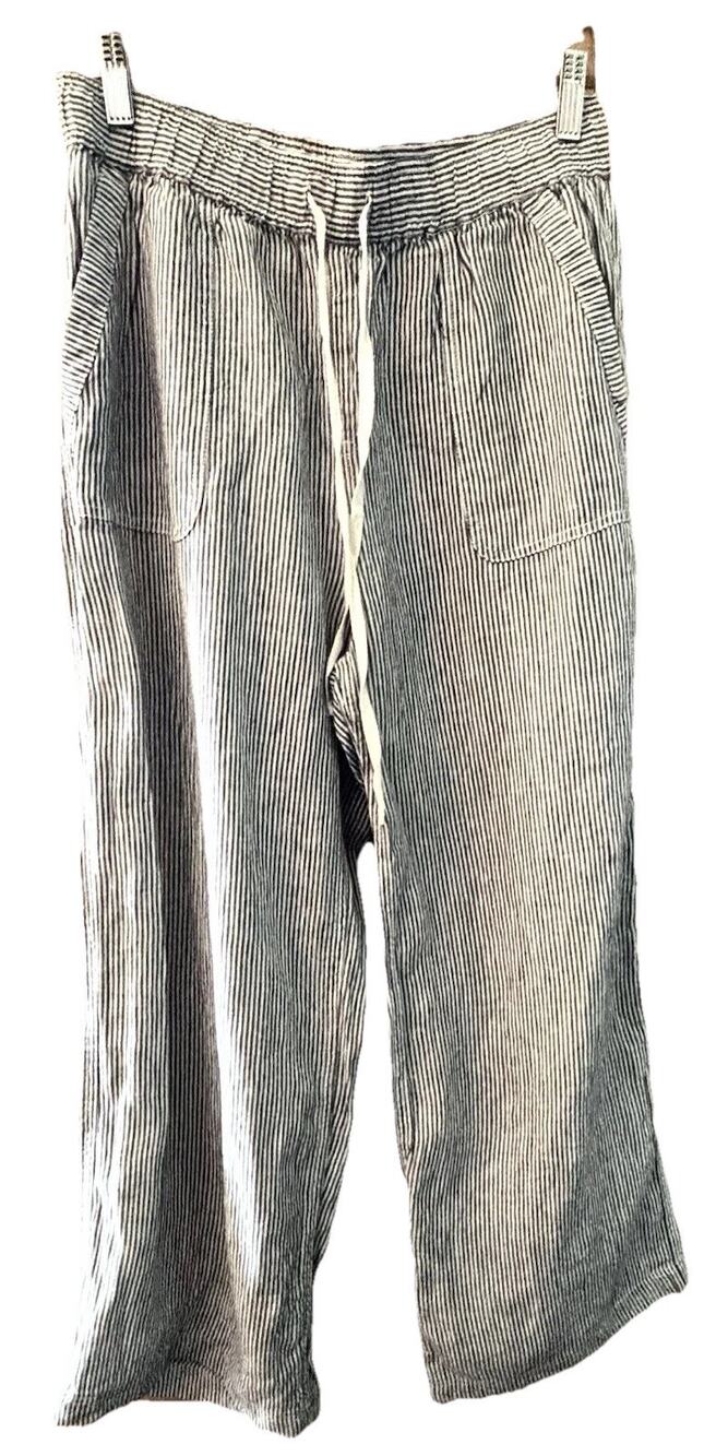 Artisan NY Linen Pants Sz M Blue White Pin Stripe Wide Leg Resort Vacation Beach